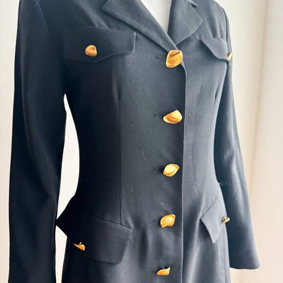 Vintage Holt Renfrew Pure New Wool Black Gold Button Office Dress 4 - Picture 4 of 6